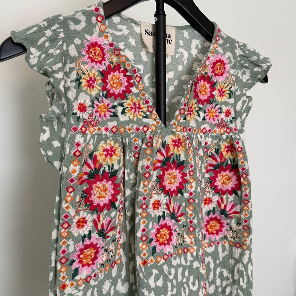 Savanna Jane Embroidered Floral Leopard Print Boho Top Size S - Picture 4 of 9